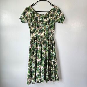 Anne Fogarty Vtg 50s 60s Tropical Palm Leaf Hawaiian Fit Flare Dress Green XS